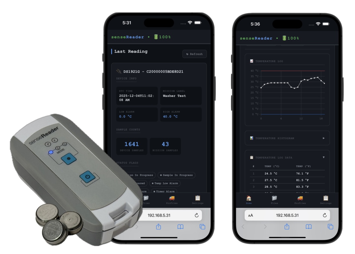 senseReader device with companion web app shown on two iPhones